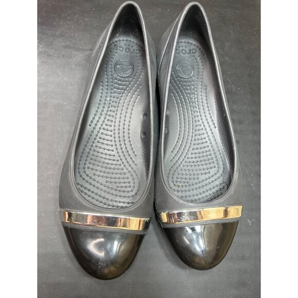 Crocs Womens Black Flats W/ Metallic Toe Cap Slip-On Size 6 Lightweight Comforta - Picture 4 of 8